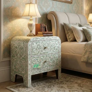 Mother Of Pearl Green Bedside Table with 2 Drawers