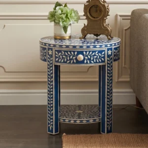 Bone Inlay Round Navy Blue Bedside Table