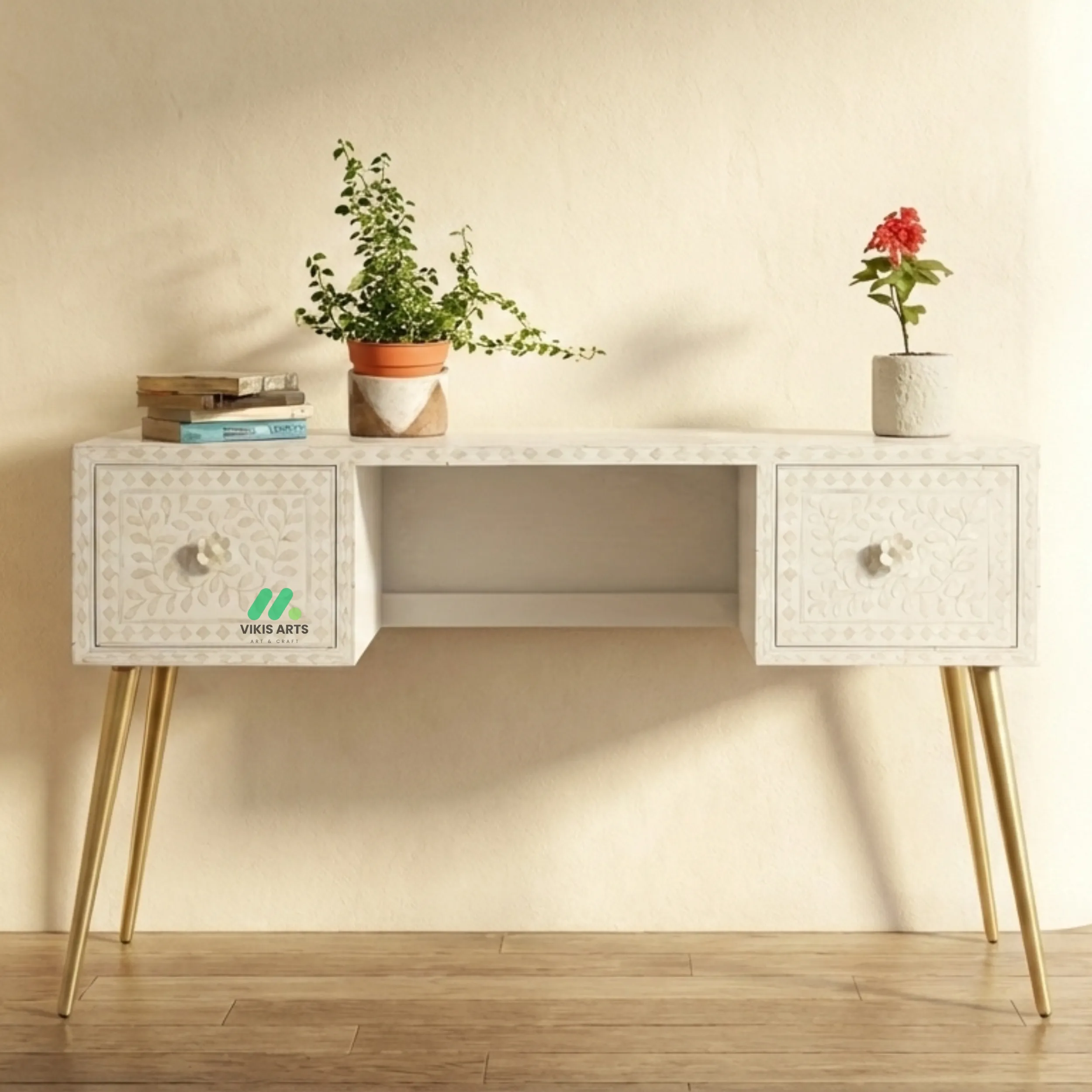 Mother of Pearl White Study Table with 2 drawers