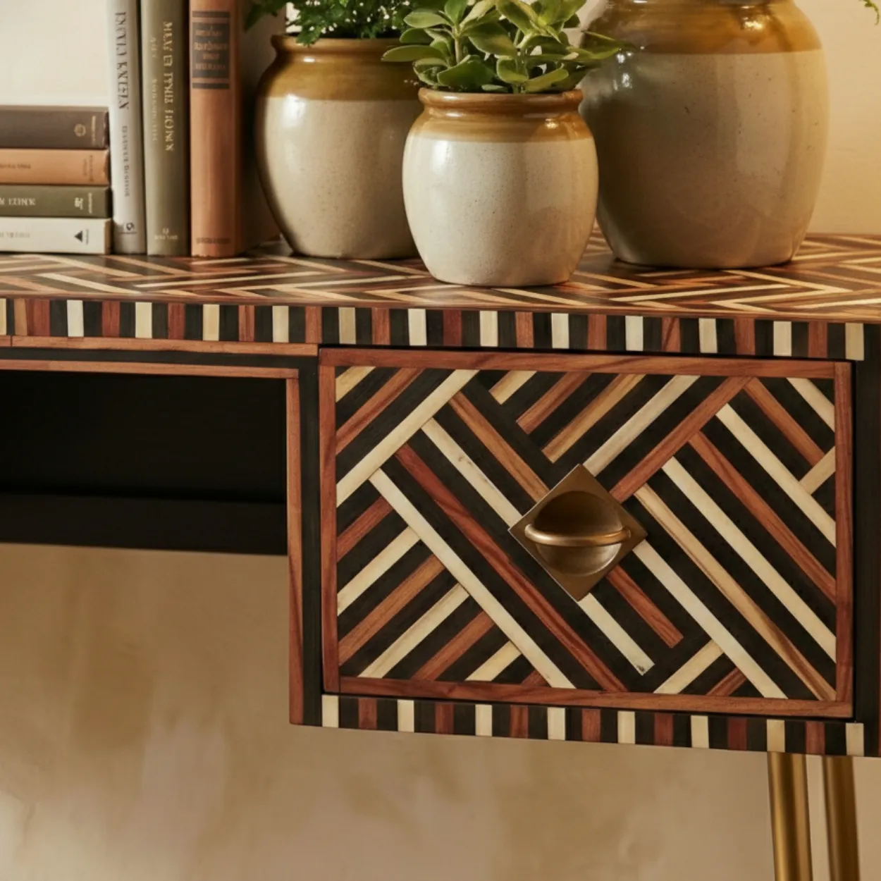 Bone Inlay Brown Desk with 2 Drawer - Image 6