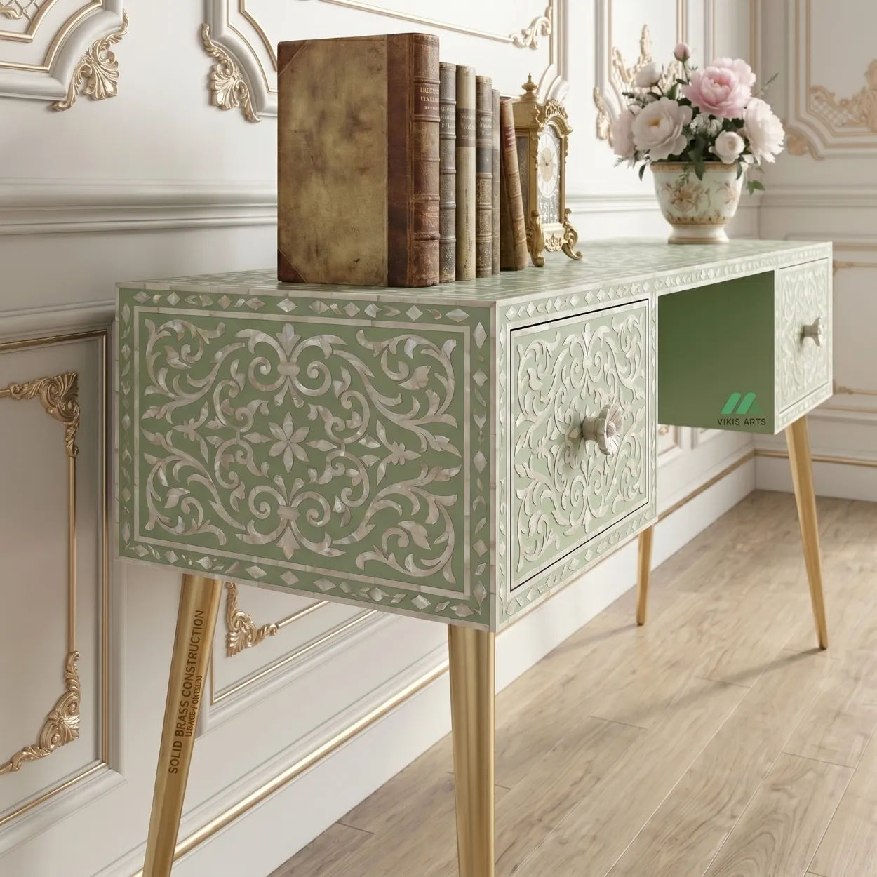 Mother of Pearl Light Green Study Table with 2 drawer - Image 4