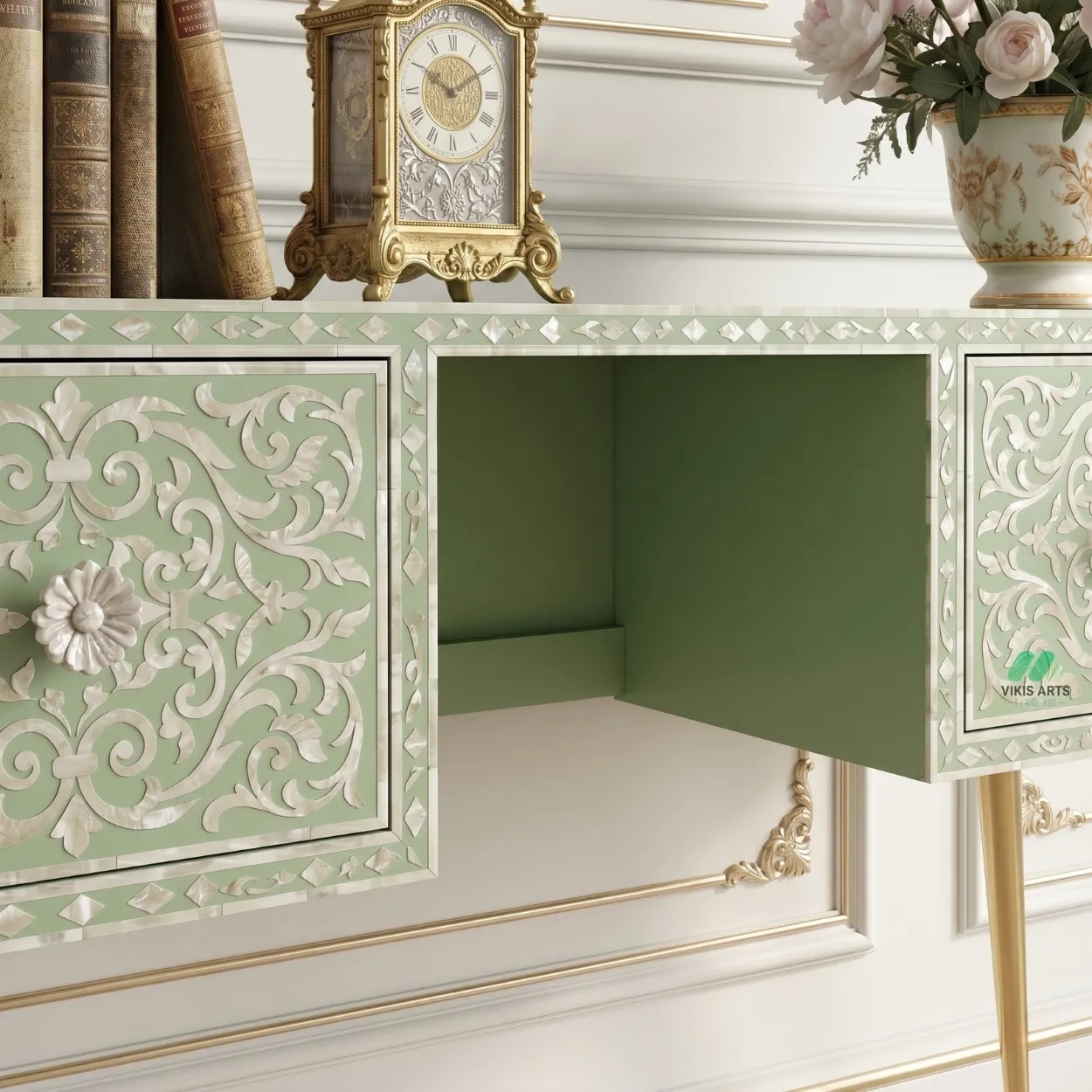 Mother of Pearl Light Green Study Table with 2 drawer - Image 6