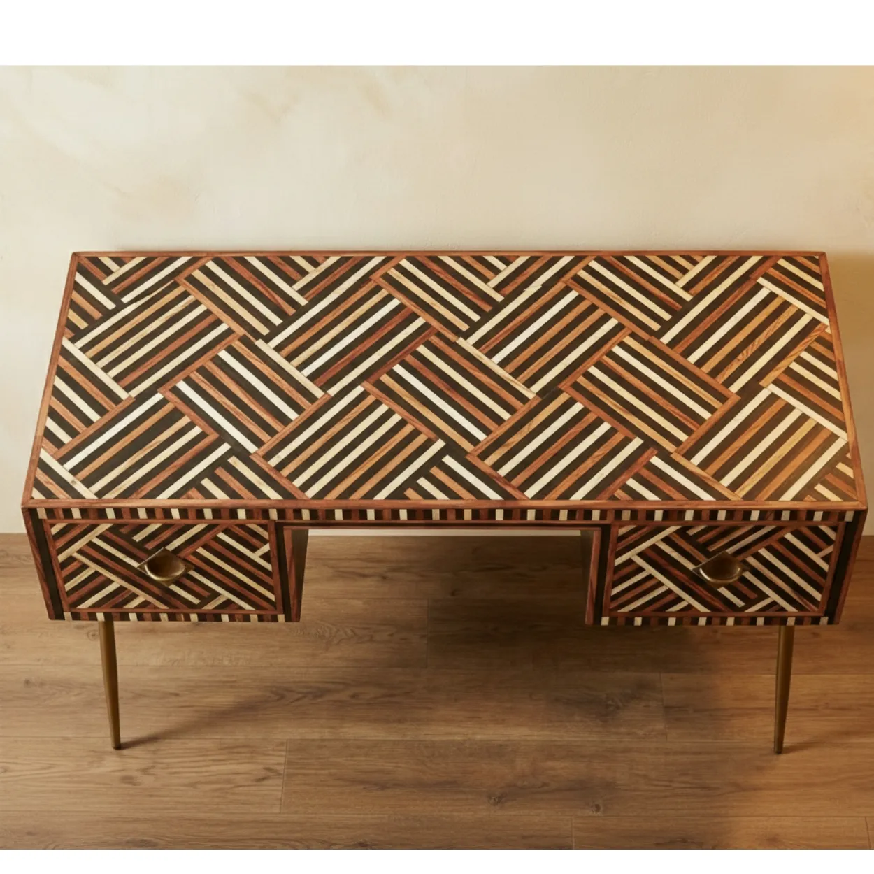Bone Inlay Brown Desk with 2 Drawer - Image 4