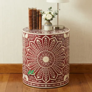 Bone Inlay Red Round Nightstand