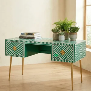 Bone Inlay Green Study Table with 2 drawers