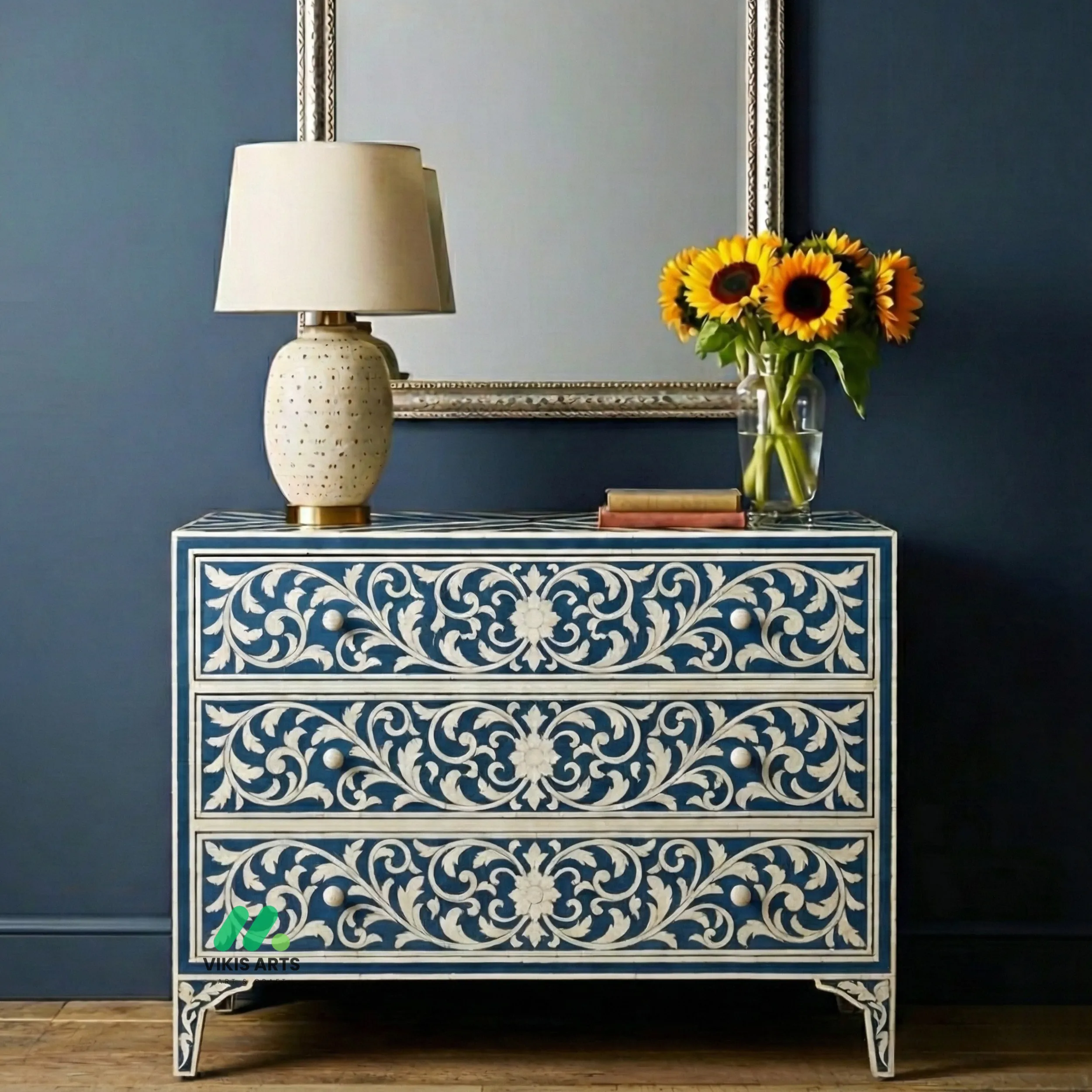 Bone Inlay Blue 3 Chest of Drawers