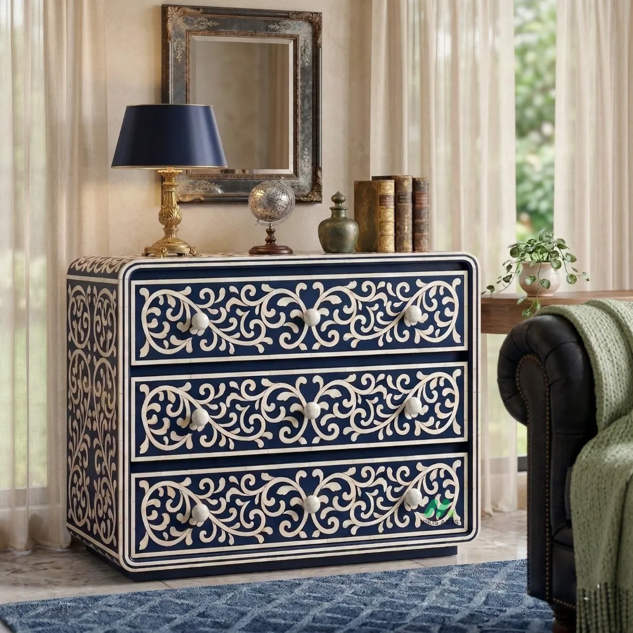 Bone Inlay Blue 3 Chest of Drawer