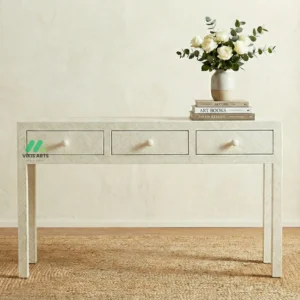 Bone Inlay White Console Table with 3 Drawers