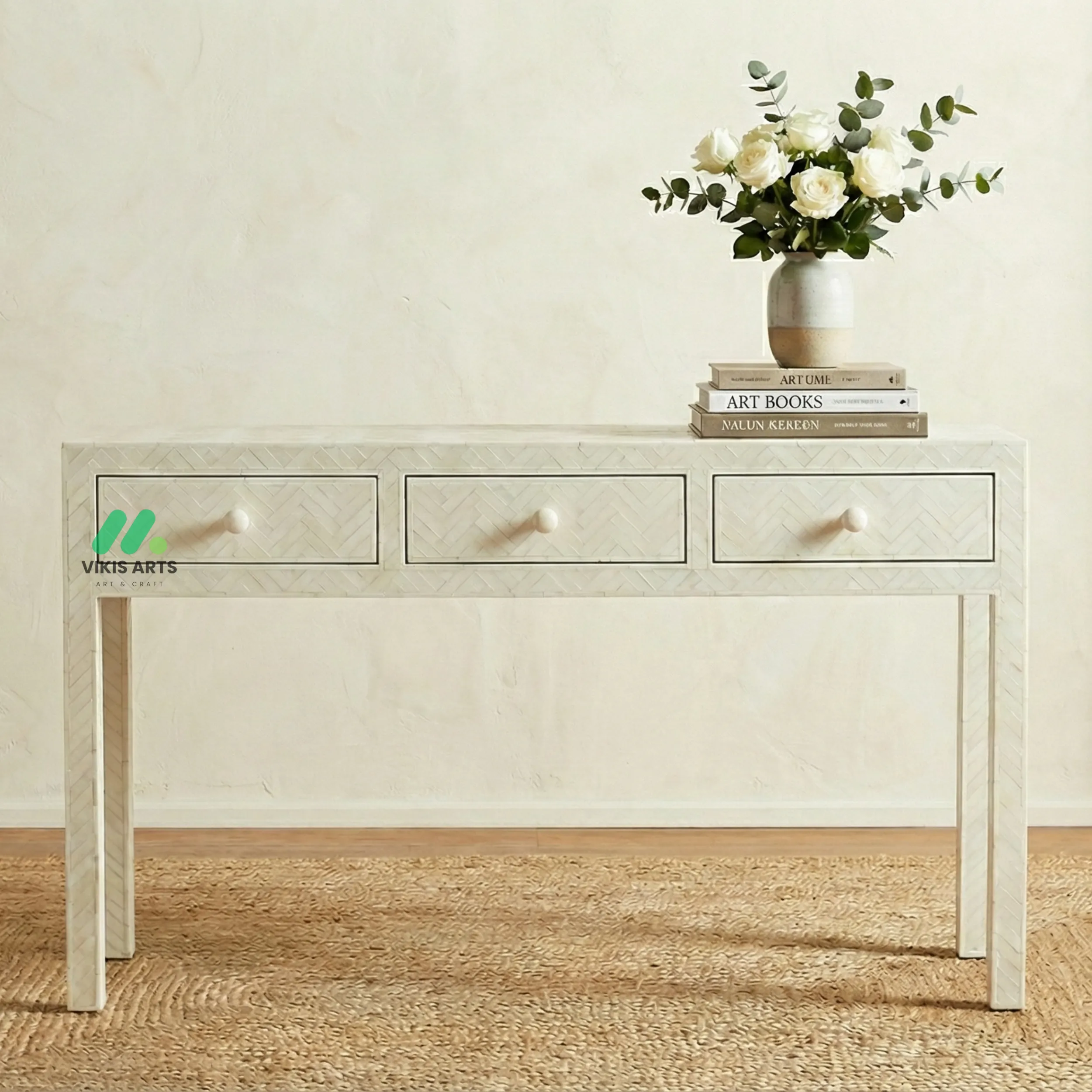 Bone Inlay White Console Table with 3 Drawers