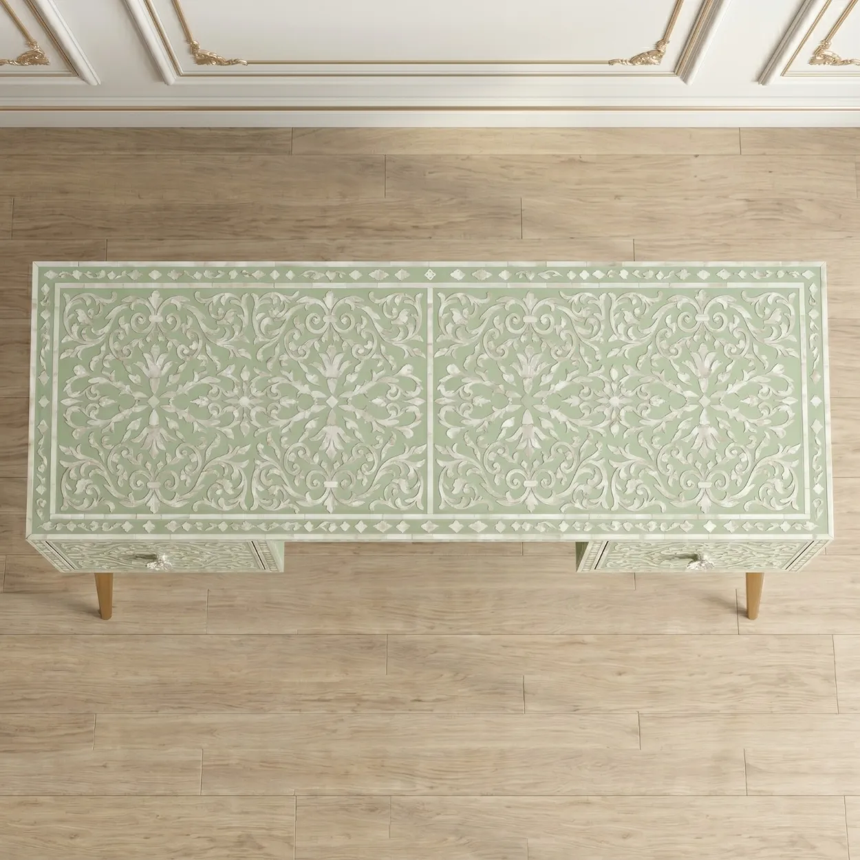 Mother of Pearl Light Green Study Table with 2 drawer - Image 3