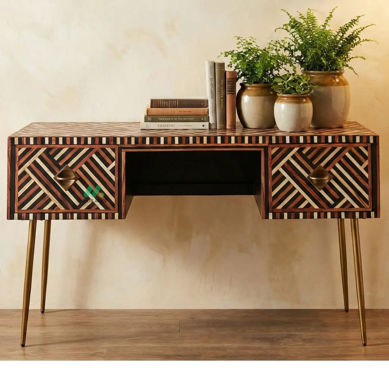 Bone Inlay Brown Desk with 2 Drawer