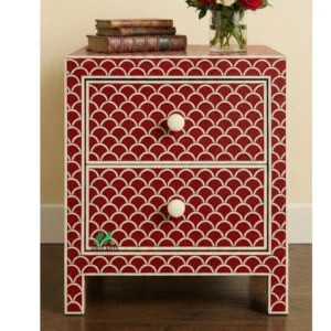 Bone Inlay Red Bedside Table with 2 Drawers