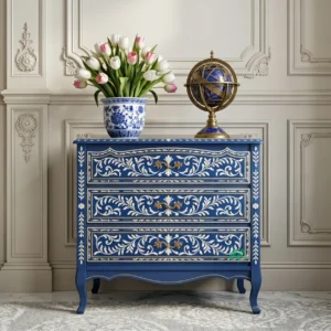 Bone Inlay Navy Blue Bedside Table with Three Drawer
