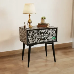 Bone Inlay Black Bedside Table with Two Drawer