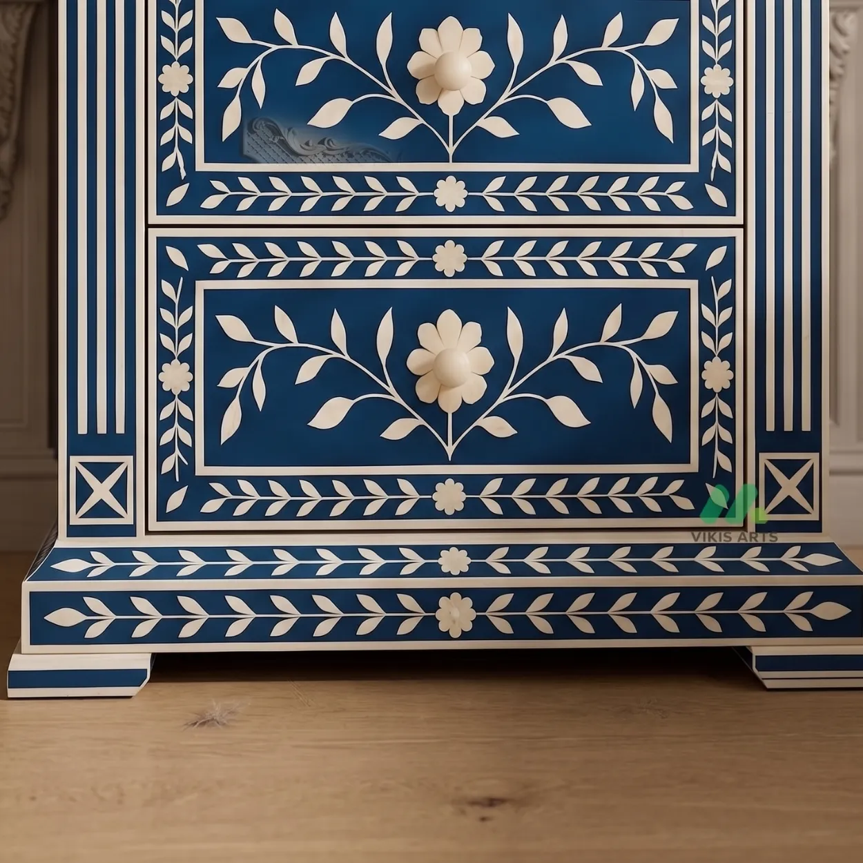 Bone Inlay Blue Bedside Table with Two Drawer - Image 5