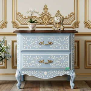 Bone Inlay Light Blue Luxury Bedside Table with two Drawer