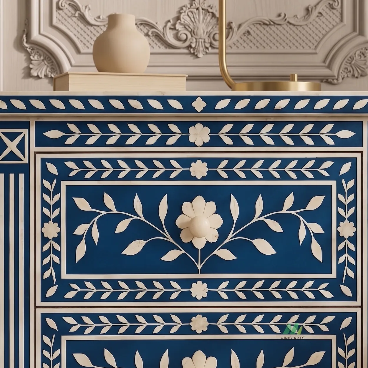 Bone Inlay Blue Bedside Table with Two Drawer - Image 6