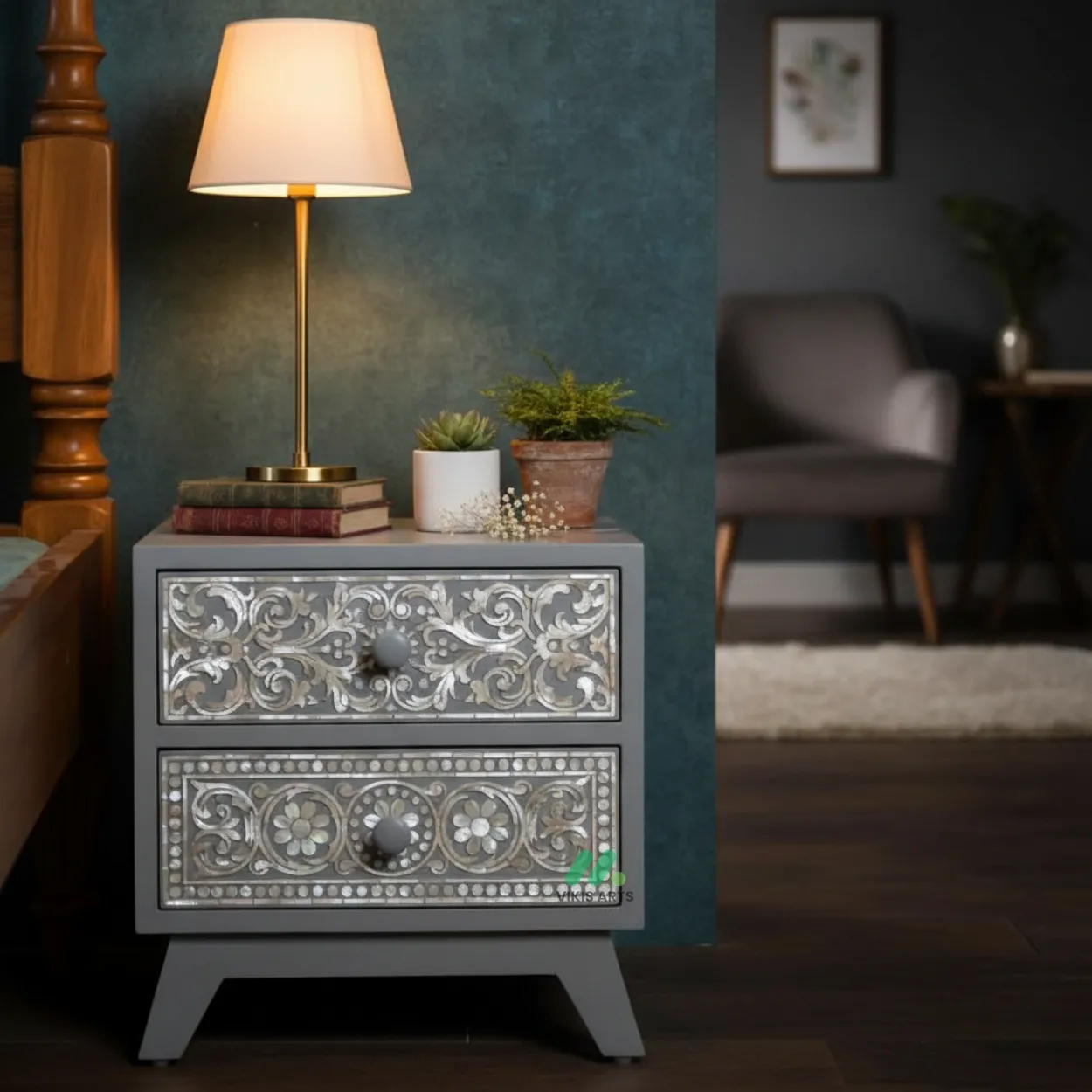 Mother Of Pearl Grey Bedside Table