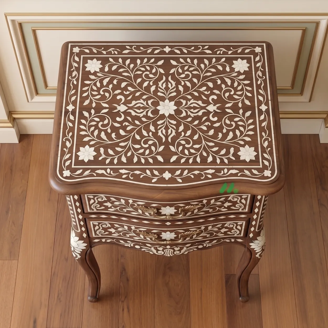 Bone Inlay Wooden Bedside Table with Two Drawer - Image 3