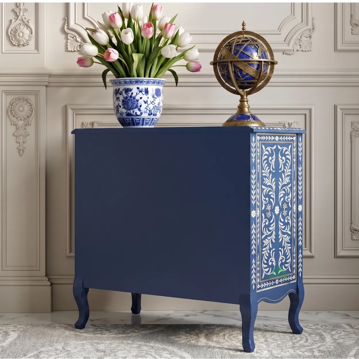 Bone Inlay Navy Blue Bedside Table with Three Drawer - Image 2