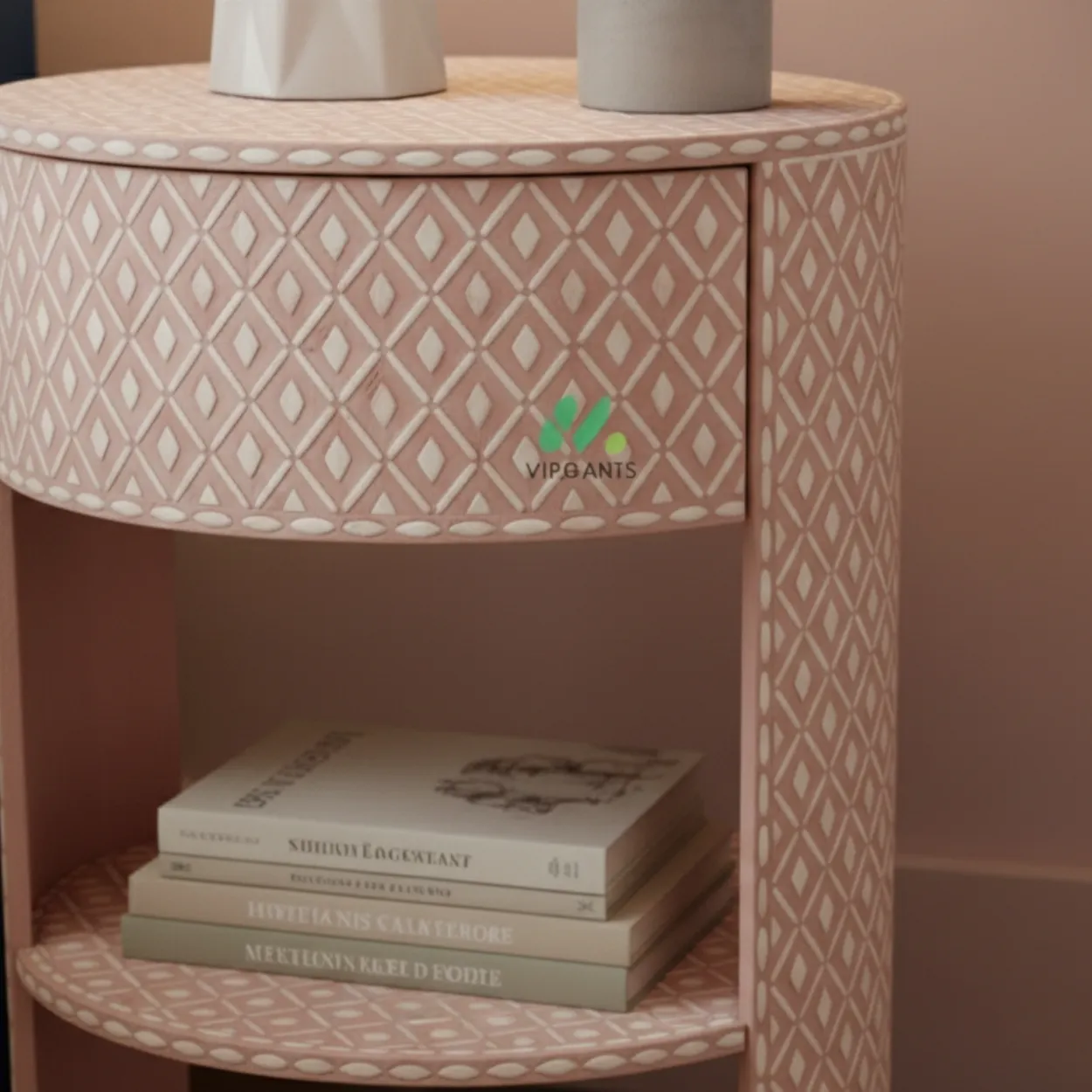 Bone Inlay Pink Round Bedside Table - Image 2