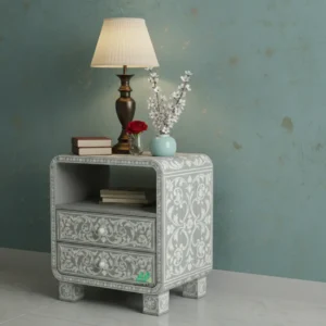 Mother Of Pearl Bedside Table with Two Drawer and Open Shelf