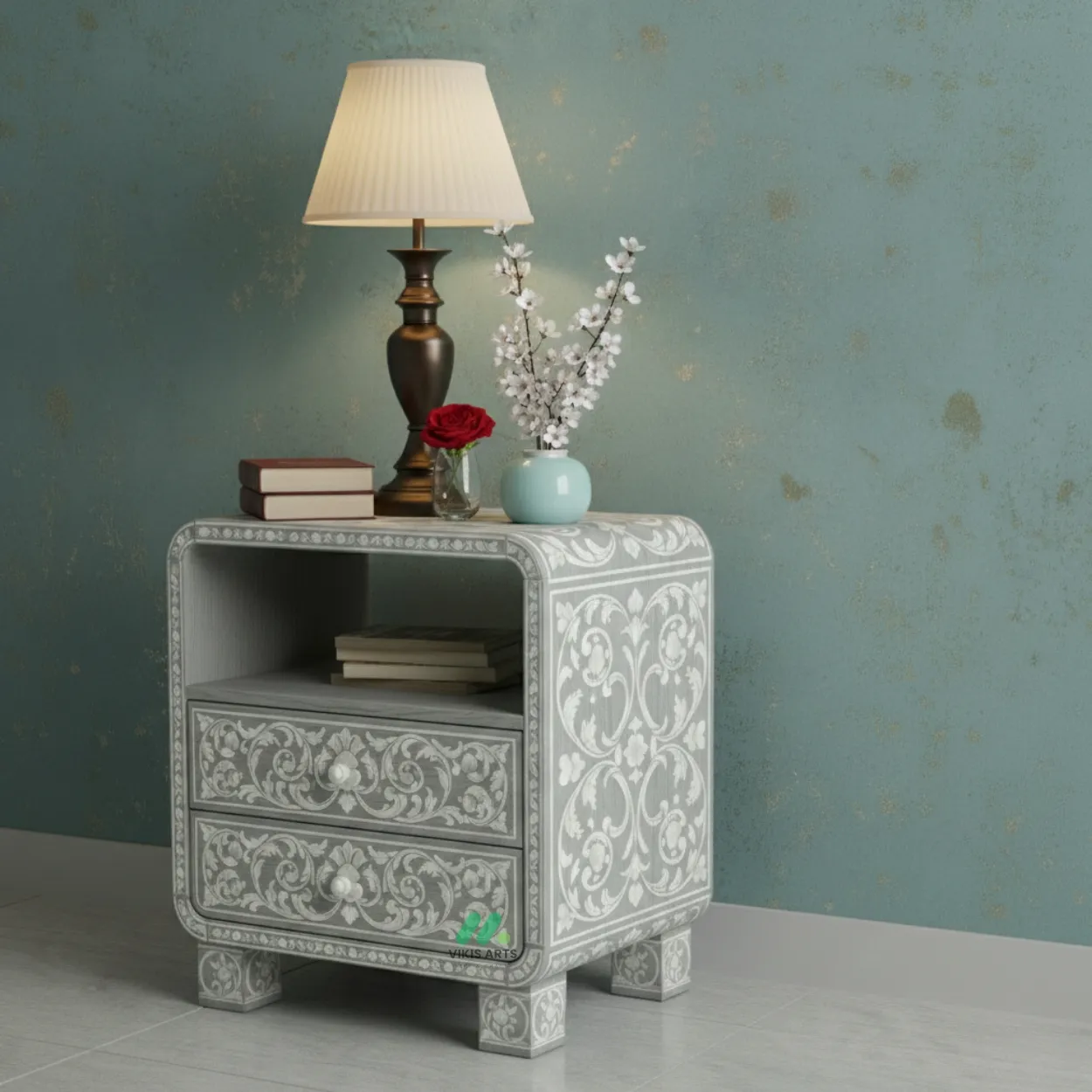 Mother Of Pearl Bedside Table with Two Drawer and Open Shelf