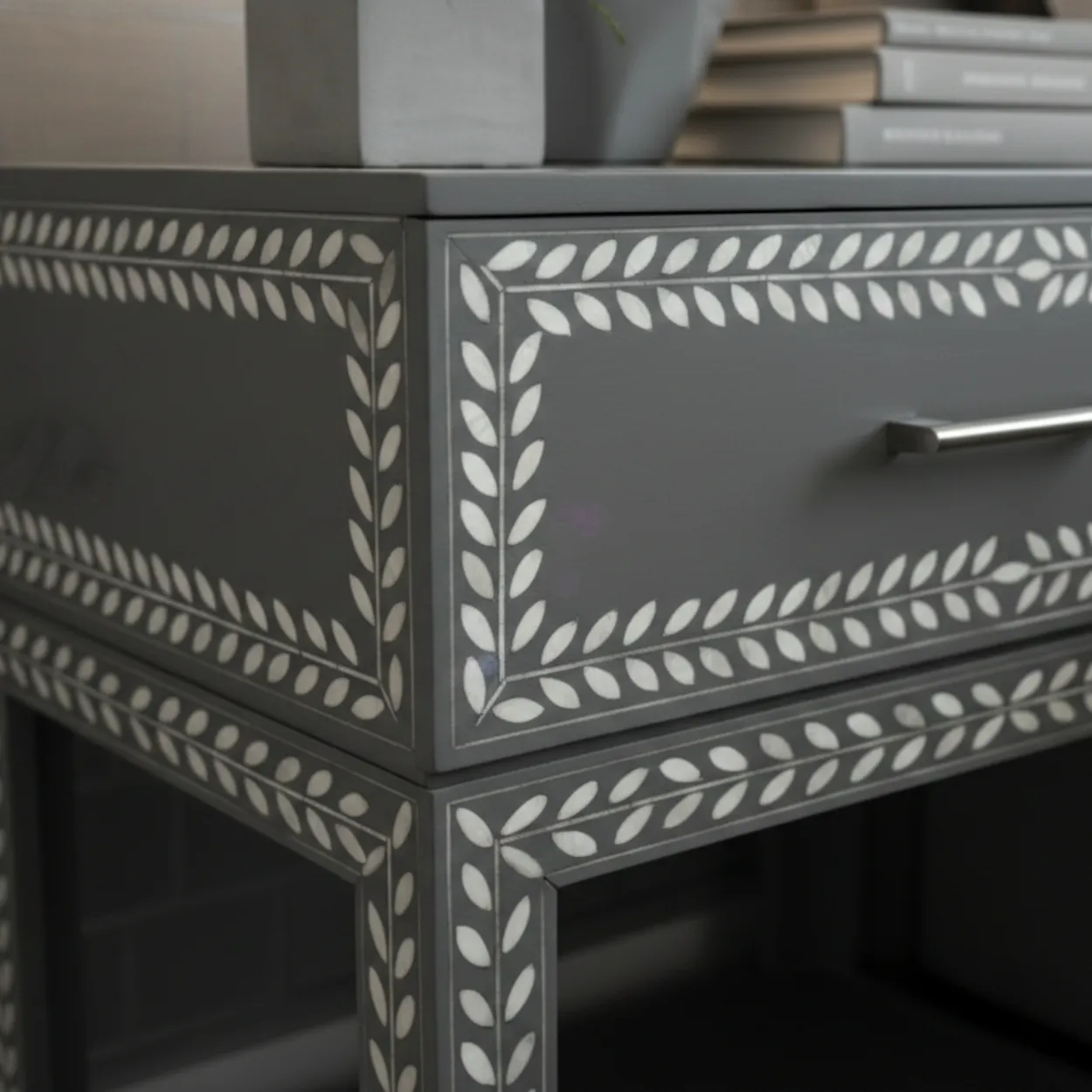 Bone Inlay Grey Bedside table - Image 5