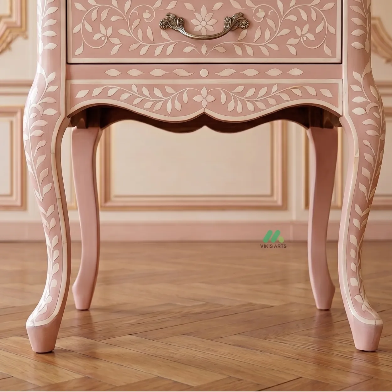 Handmade Bone Inlay Pink Bedside Table with Two Drawer - Image 6