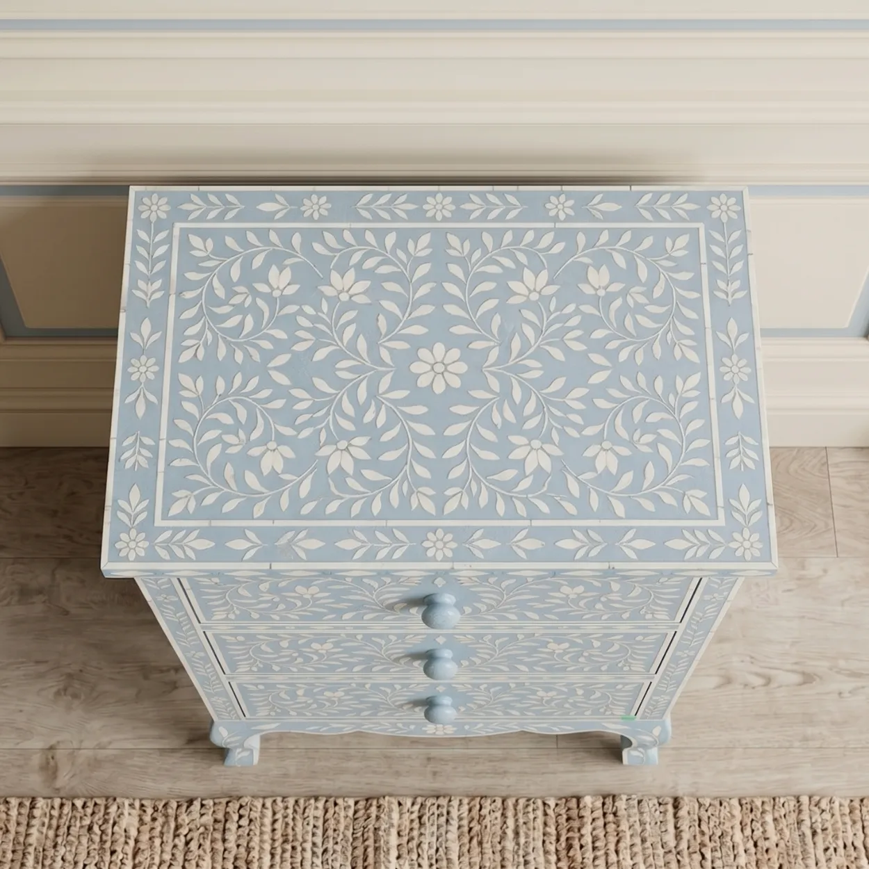 Bone Inlay Light Blue Three Drawer Nightstand - Image 3