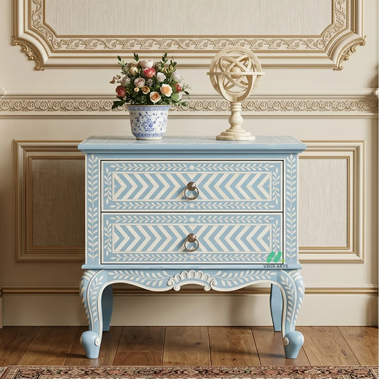 Bone Inlay Light Blue two Drawer Bedside