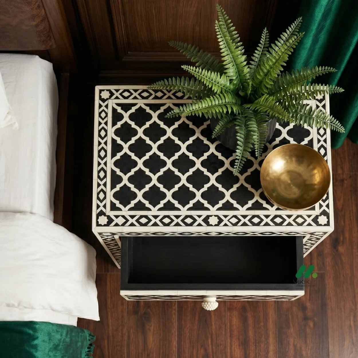Bone Inlay Black Bedside Table with one Drawer - Image 5