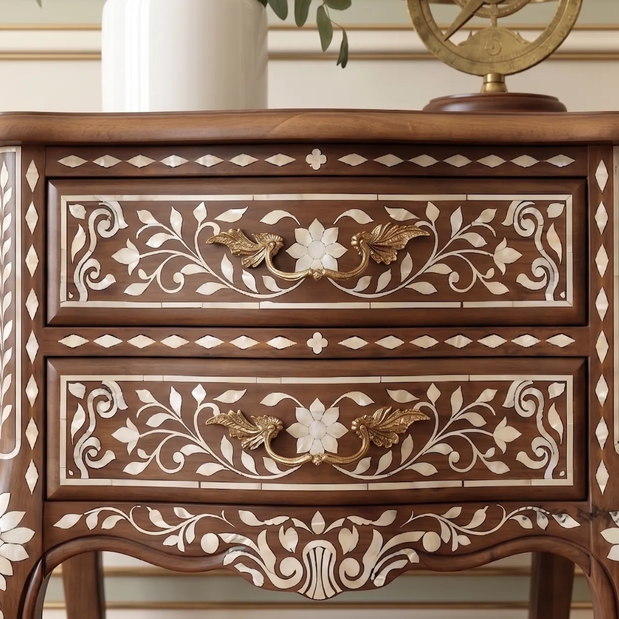 Bone Inlay Wooden Bedside Table with Two Drawer - Image 6