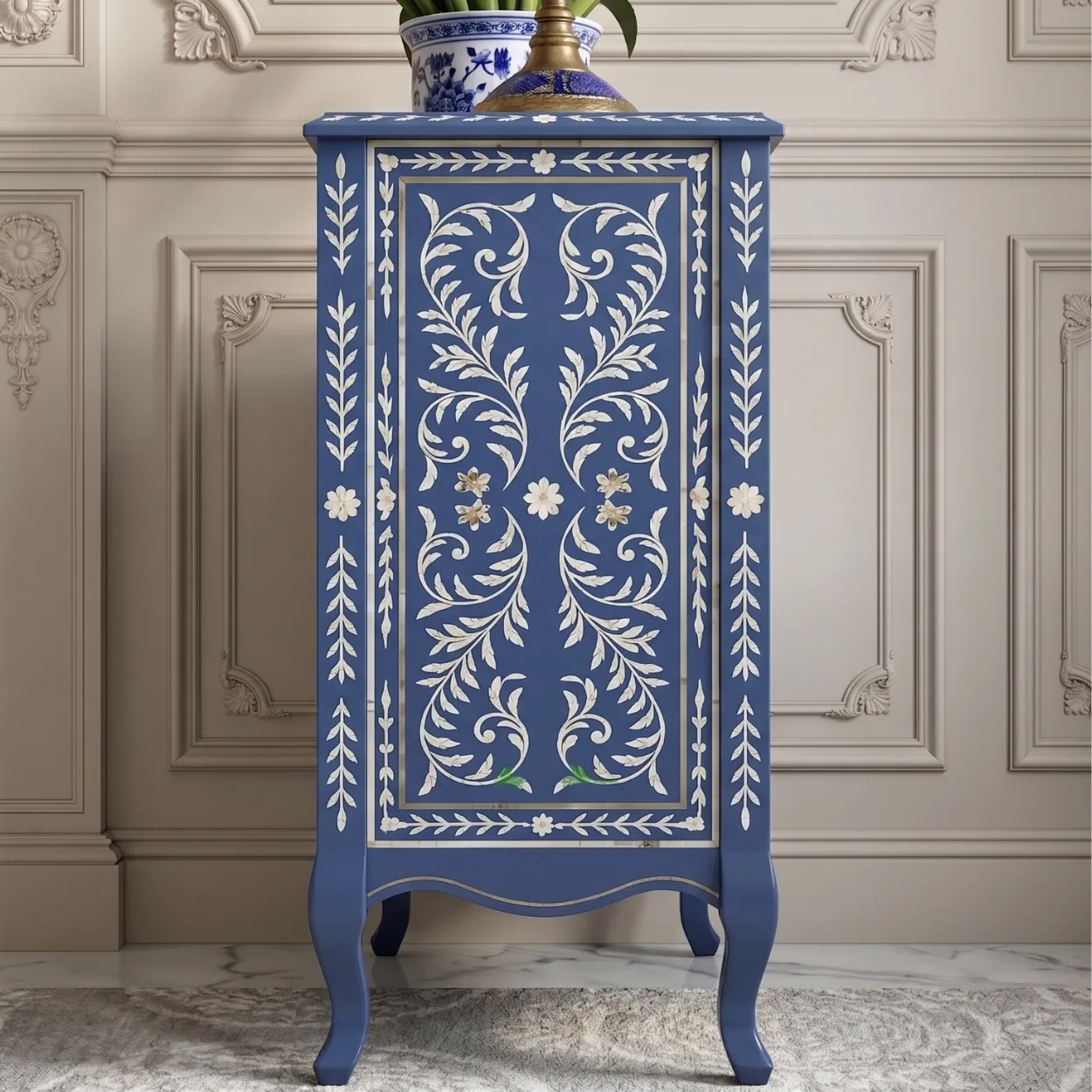Bone Inlay Navy Blue Bedside Table with Three Drawer - Image 4