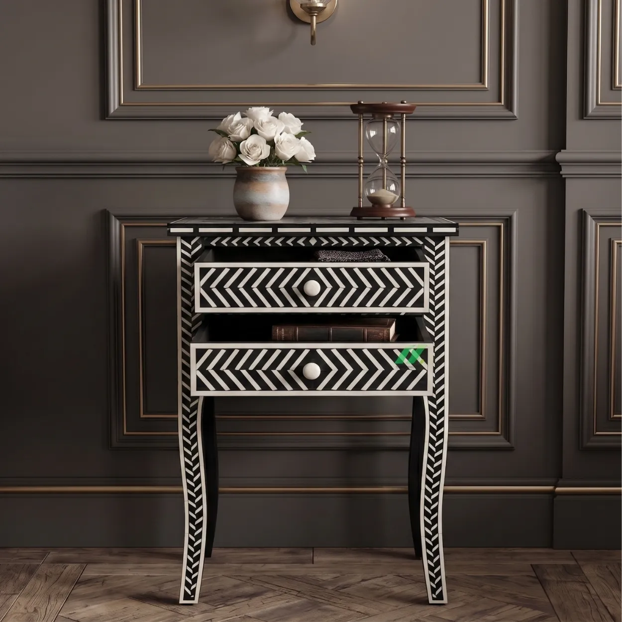Bone Inlay Black Two Drawer Nightstand - Image 5