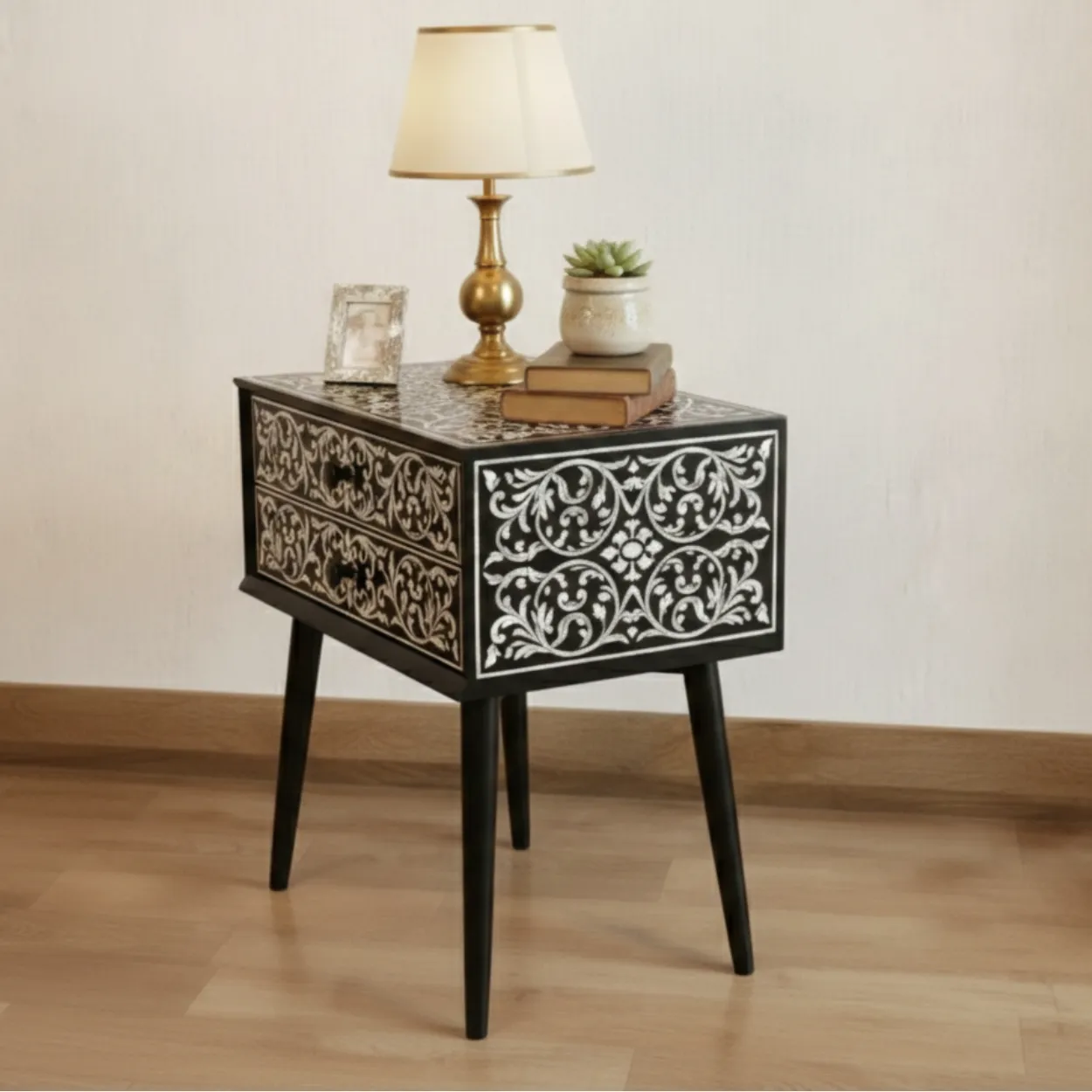 Bone Inlay Black Bedside Table with Two Drawer - Image 4
