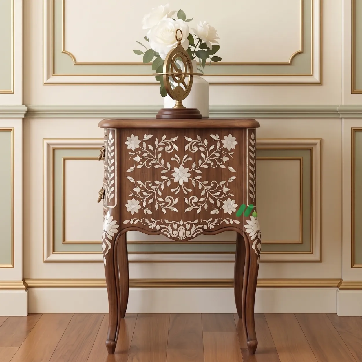 Bone Inlay Wooden Bedside Table with Two Drawer - Image 4