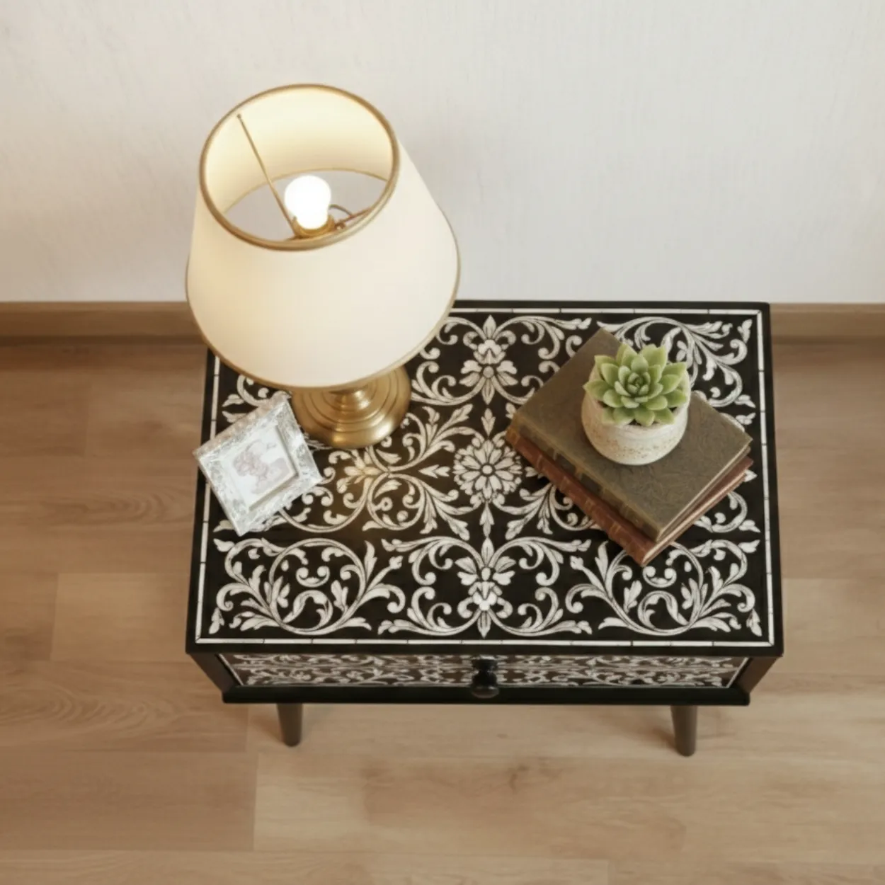 Bone Inlay Black Bedside Table with Two Drawer - Image 3