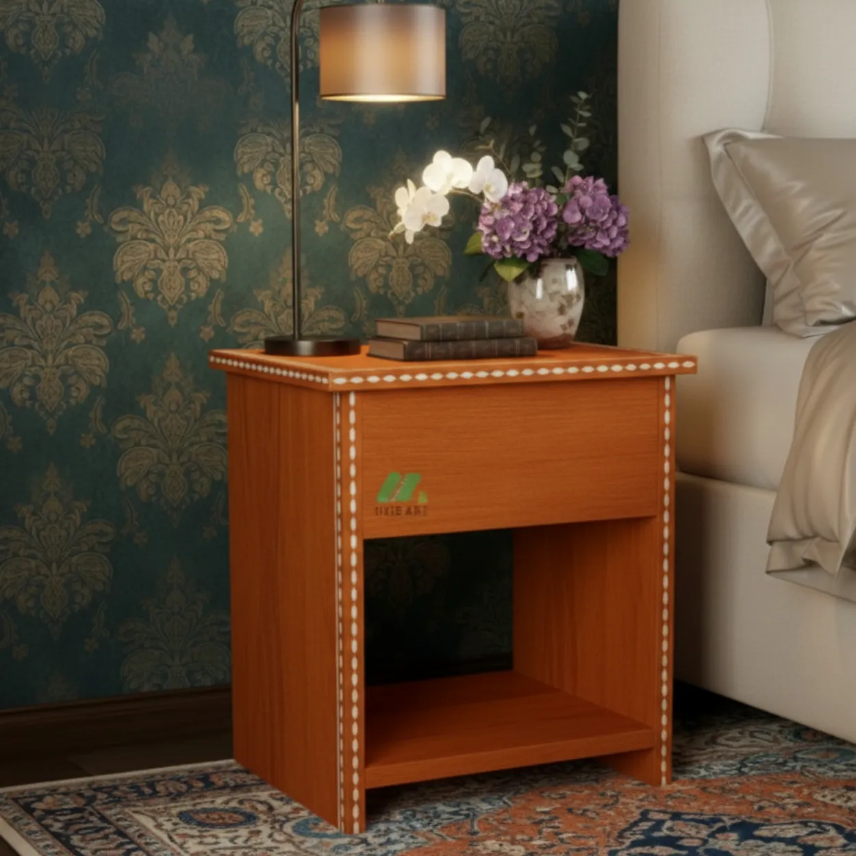 bone inlay Orange Bedside Table - Image 2