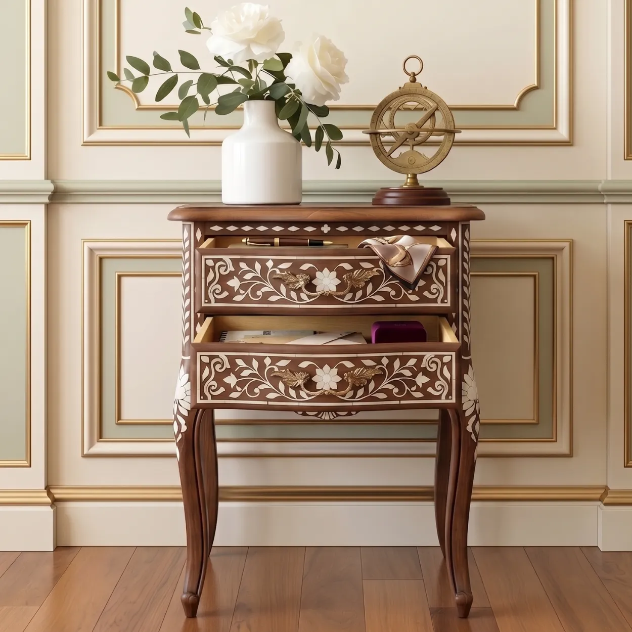Bone Inlay Wooden Bedside Table with Two Drawer - Image 5