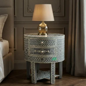 Bone Inlay Grey Round Bedside table