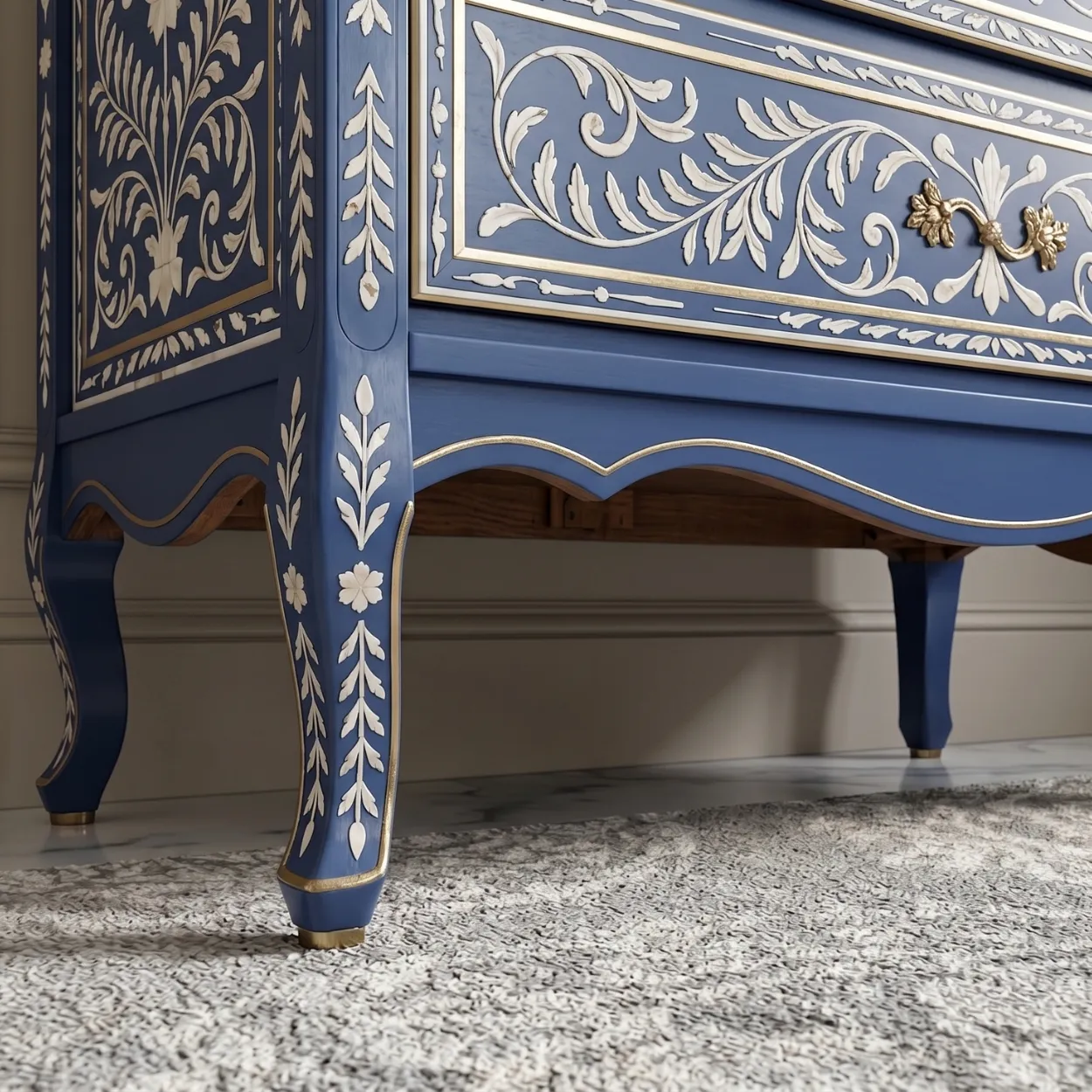 Bone Inlay Navy Blue Bedside Table with Three Drawer - Image 7
