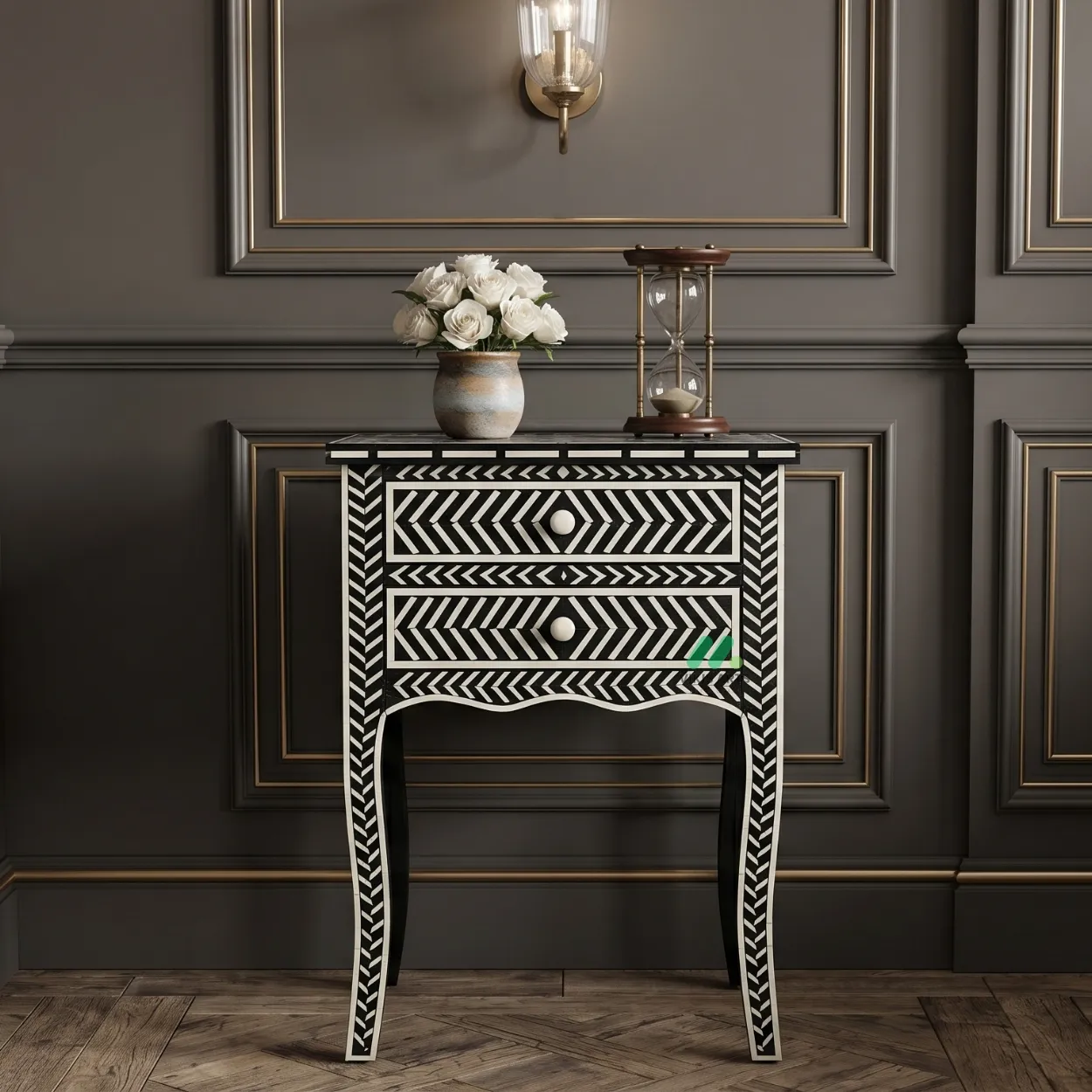 Bone Inlay Black Two Drawer Nightstand