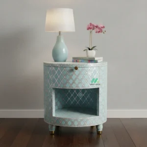 Mother Of Pearl Light Blue Round Bedside Table