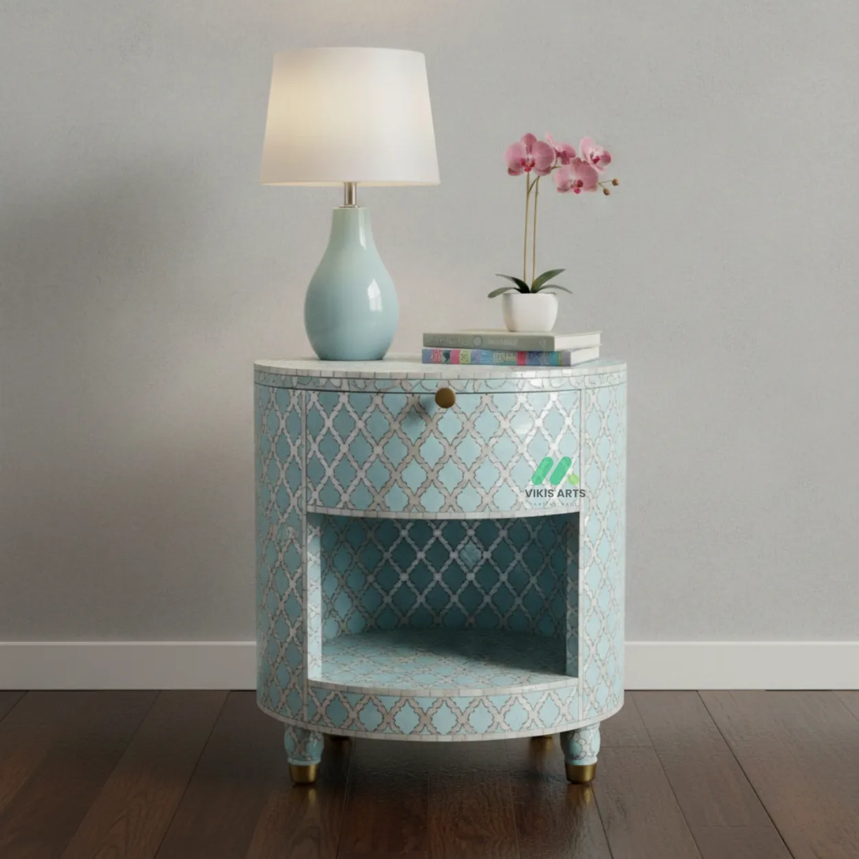Mother Of Pearl Light Blue Round Bedside Table
