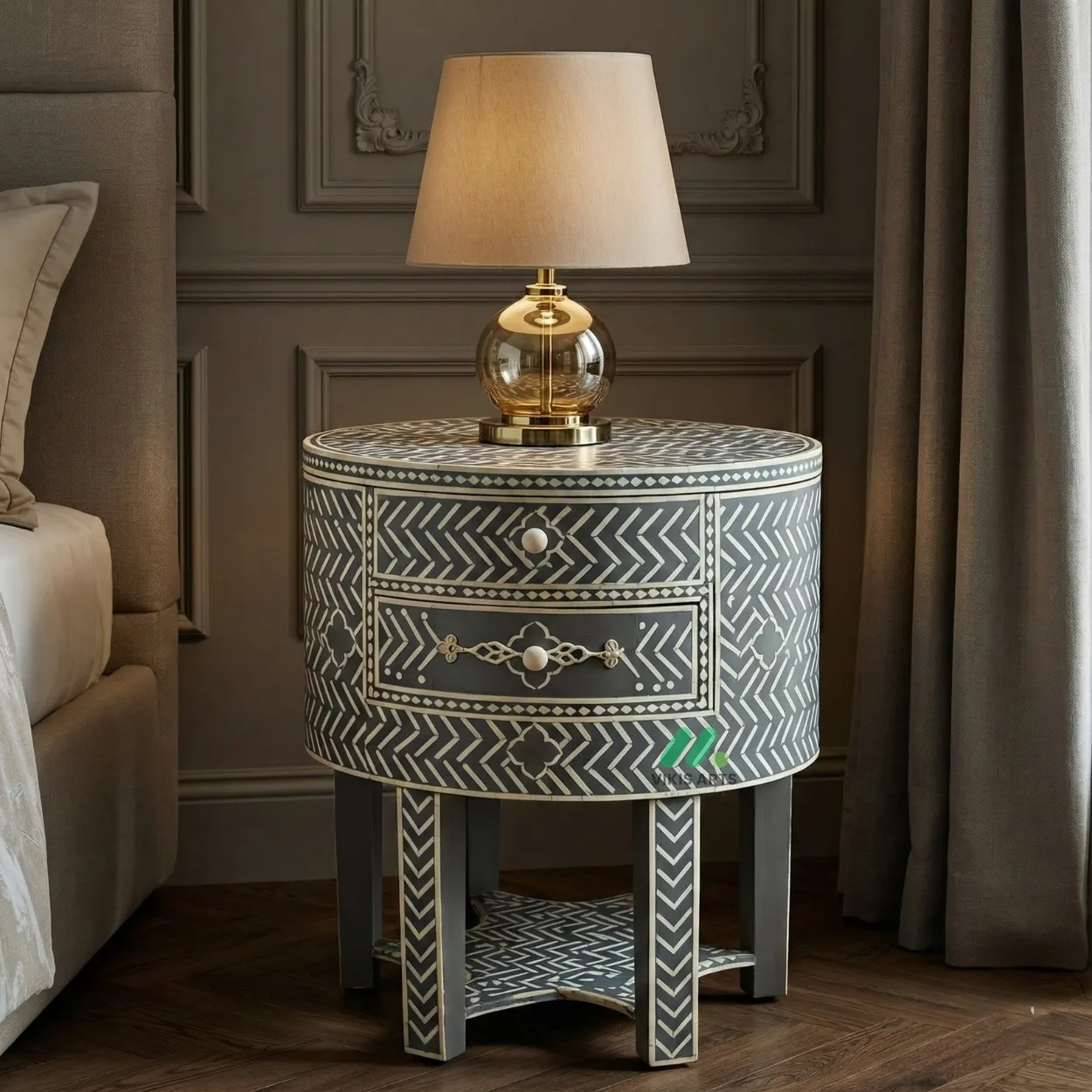Bone Inlay Grey Round Bedside table