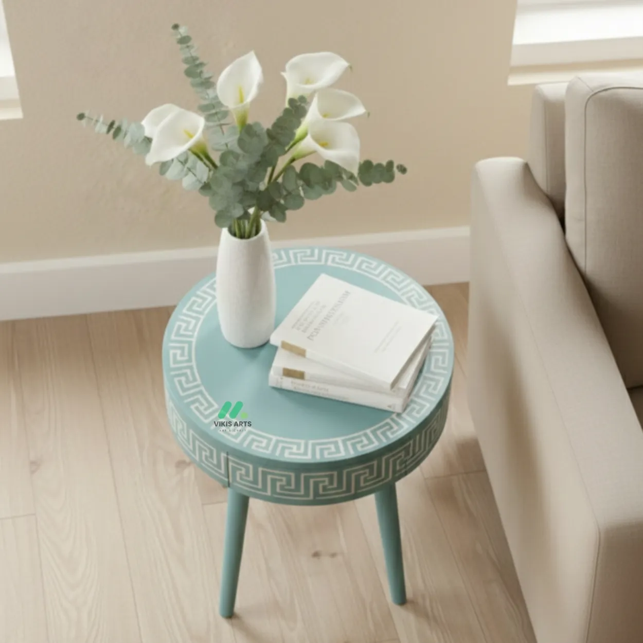 Bone Inlay Light Blue Round Bedside Table - Image 2