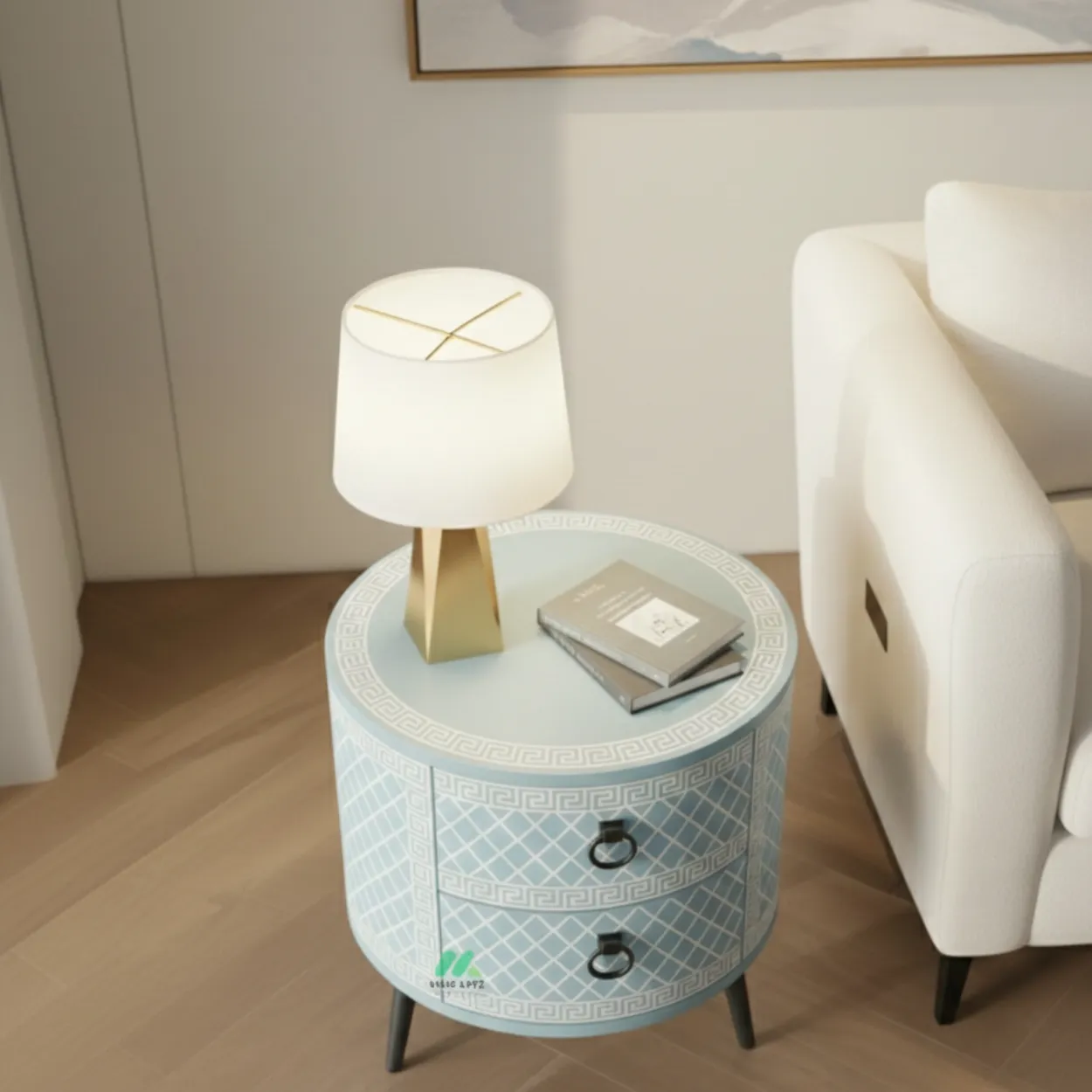 Bone Inlay Light Blue Round Bedside Table with Two Drawer - Image 3