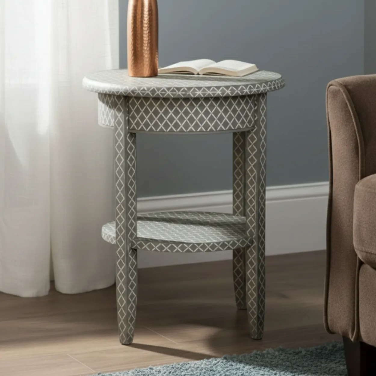 Bone Inlay Grey Round Sofa side Table - Image 2