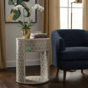 Bone Inlay Grey Round Bedside Table